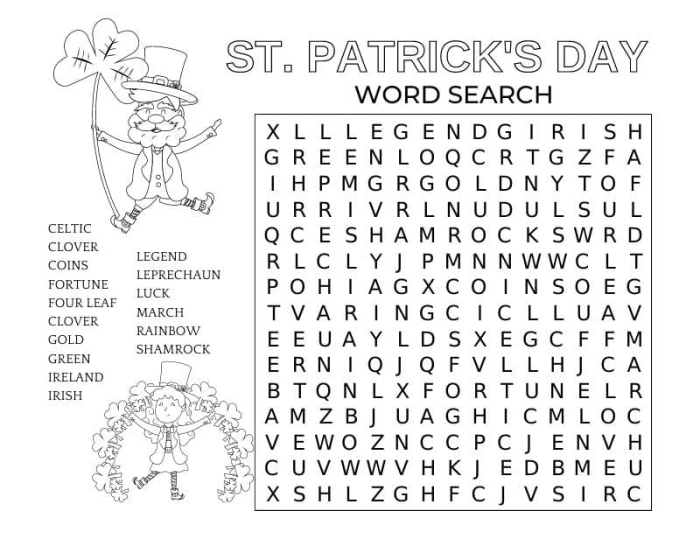 St. Patrick's Day vocabulary building worksheet 12 First grade St. Patrick's Day word search activity sheet 12