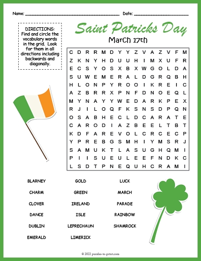 Fun vocabulary-building activity for St. Patrick's Day celebration St. Patrick's Day themed word search worksheet for first graders