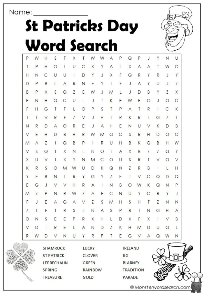 Fun word search activity to enhance vocabulary and spelling skills St. Patrick's Day themed word search worksheet for first graders
