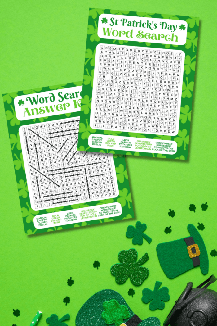 Fourth grade St. Patrick's Day word search puzzle with hidden words including shamrock and other holiday themed vocabulary