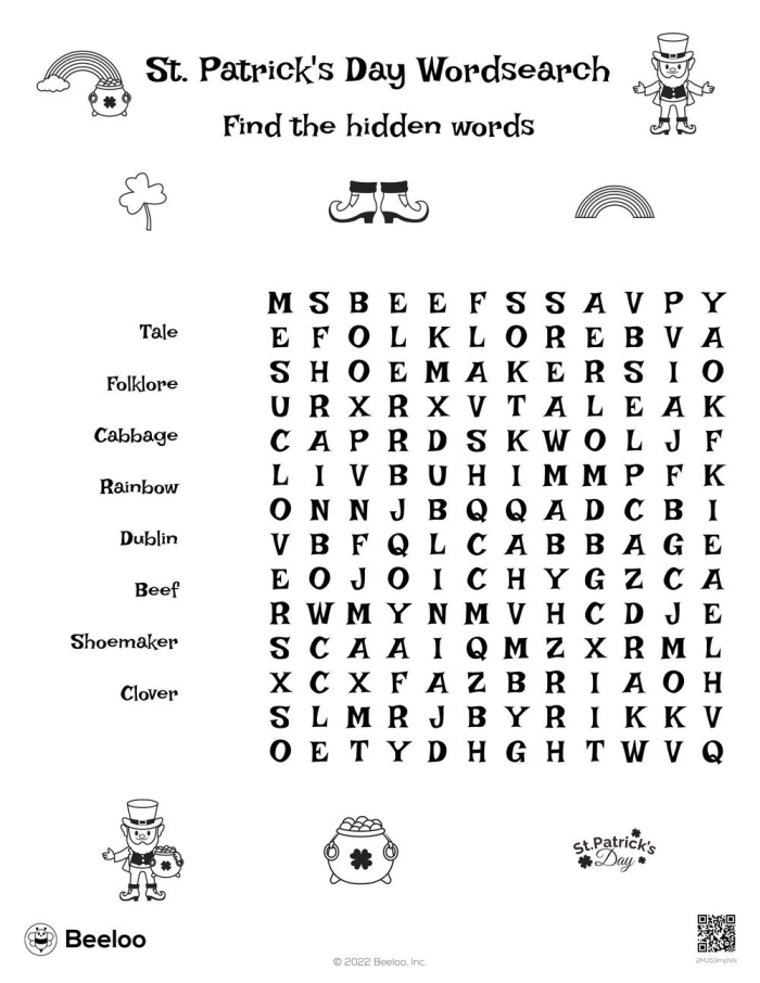 St. Patrick's Day themed word search worksheet for third graders to enhance vocabulary skills