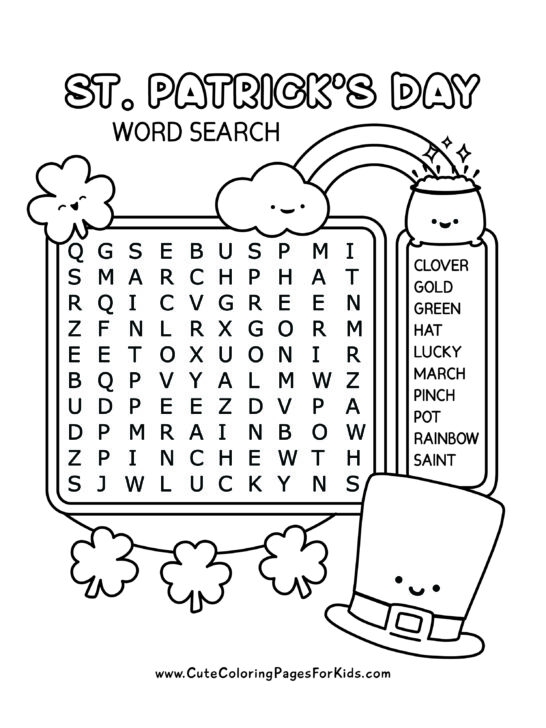 St. Patrick's Day Word Search worksheet for third graders to enhance vocabulary skills