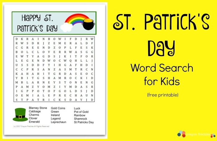 Engaging word search activity featuring holiday-themed words for young learners St. Patrick's Day word search worksheet for first graders to enhance vocabulary and spelling skills