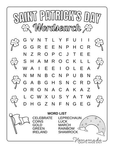 St. Patricks Day Word Search Worksheet for First Grade Students First grade St. Patrick's Day word search puzzle worksheet for vocabulary practice