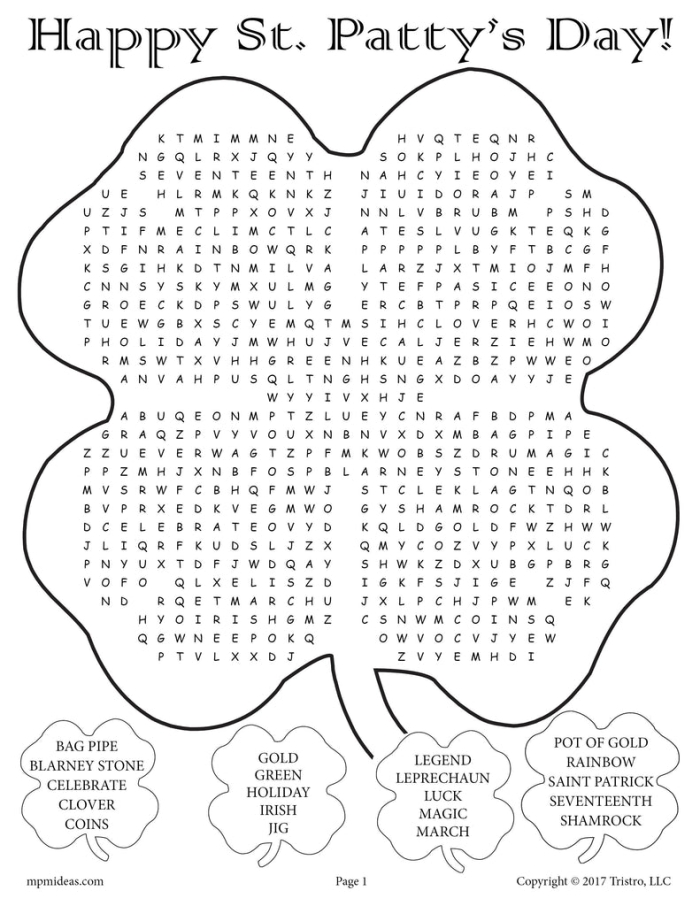 Fun vocabulary building activity for children celebrating St. Patrick's Day St. Patrick's Day themed word search worksheet for first graders