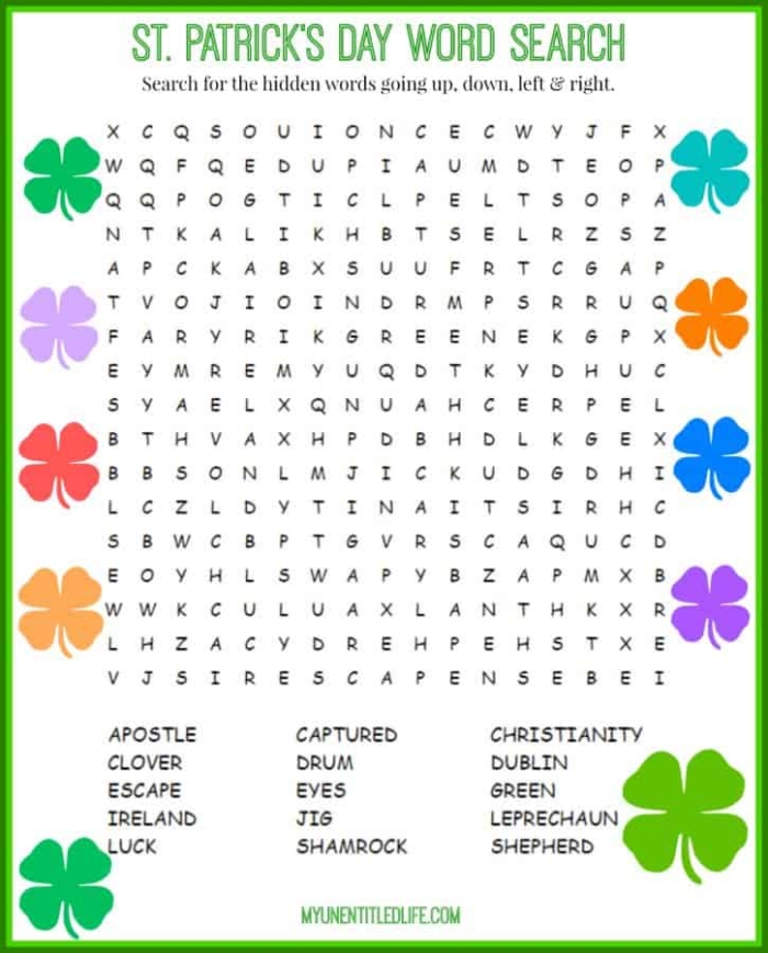 Engaging St. Patrick's Word Search to enhance vocabulary and spelling skills St. Patrick's Day themed word search worksheet for first graders