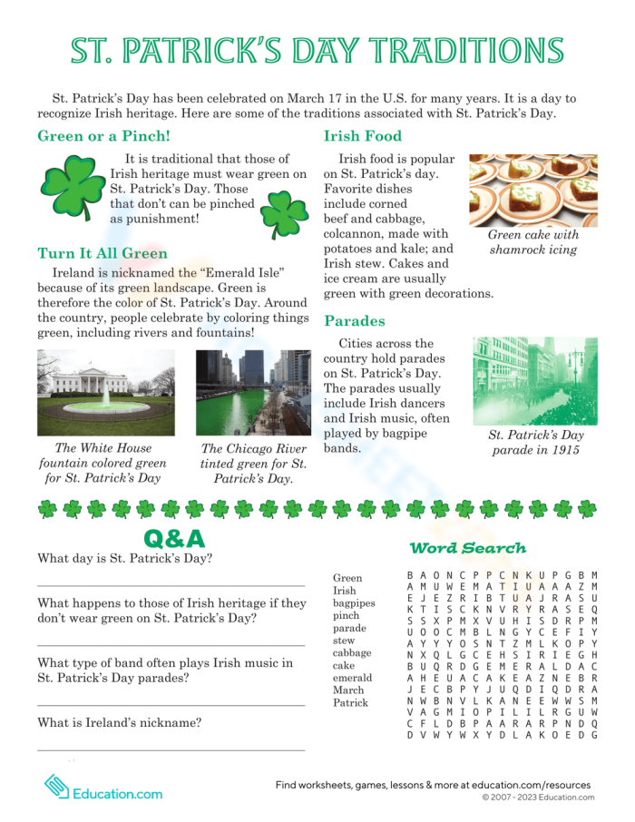 Colorful St. Patrick's Day traditions worksheet for third graders focusing on Irish heritage. Engaging activities to explore festive customs and history.