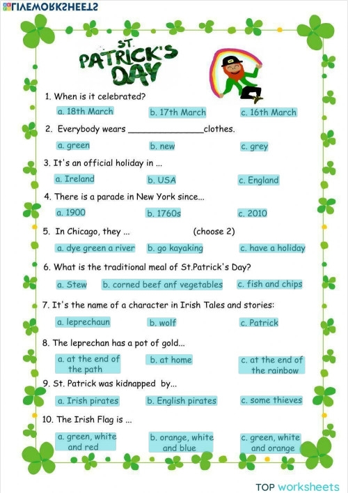 Colorful St. Patrick's Day traditions worksheet for third graders exploring Irish heritage