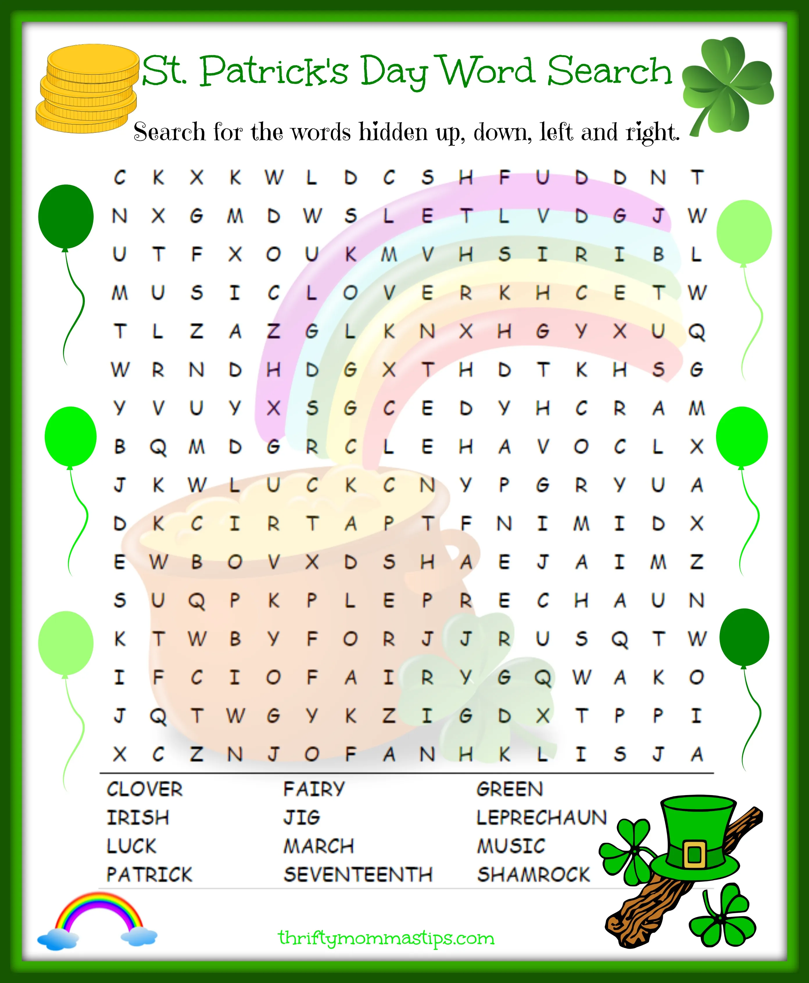 Fun St. Patrick's Word Search activity to celebrate the holiday and improve spelling skills St. Patrick's Day word search worksheet for first graders to enhance vocabulary