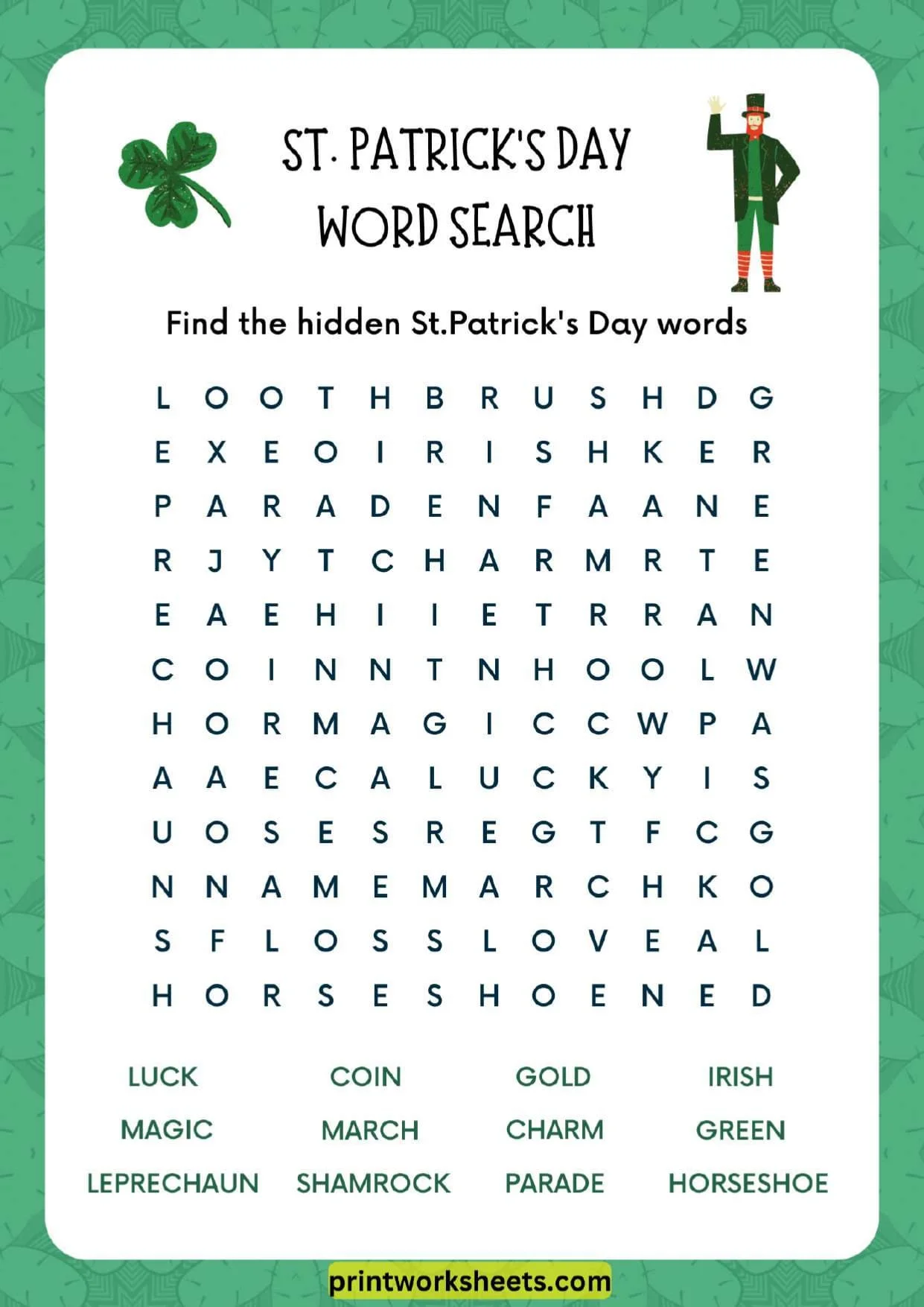 Fun St. Patrick's Day word search activity to support learning in grammar and mechanics St. Patrick's Day word search worksheet for first graders to enhance vocabulary and spelling skills