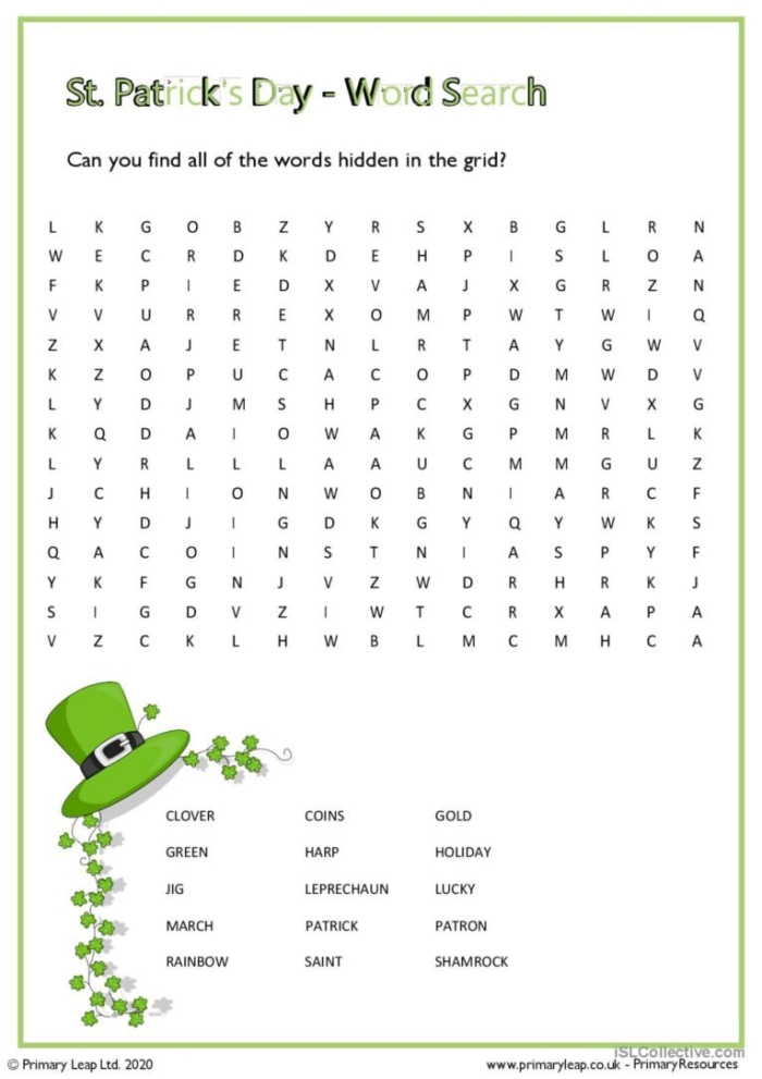 St. Patricks Day vocabulary word search worksheet number eighteen First grade St. Patrick's Day word search activity sheet featuring holiday vocabulary