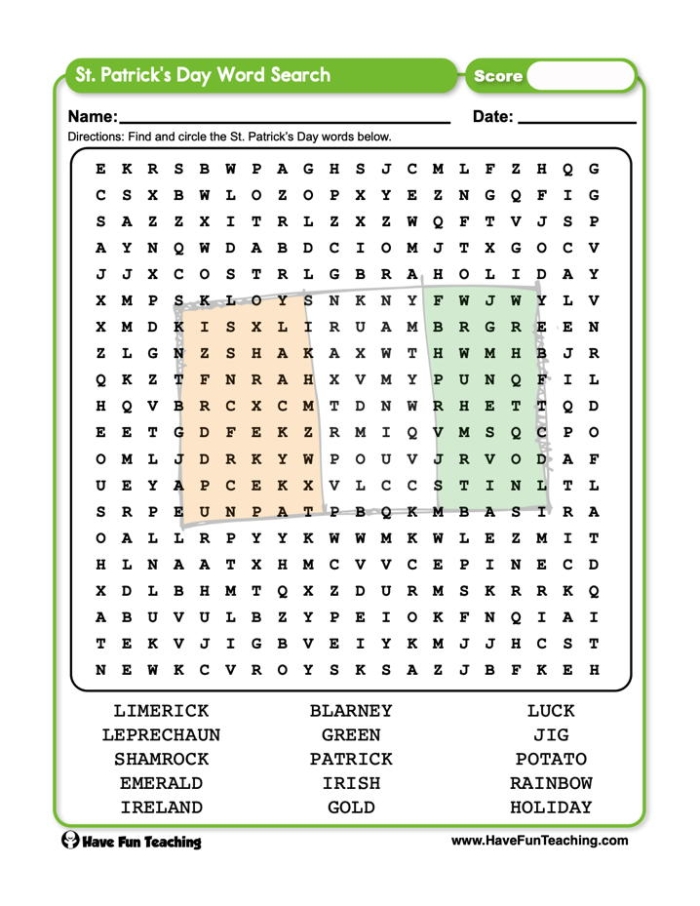 Engaging St. Patrick's Day word search activity for young learners St. Patrick's Word Search worksheet for first graders to enhance vocabulary and spelling skills