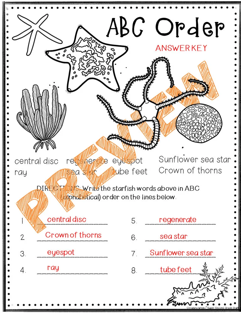 Starfish Text Features worksheet for second graders focusing on nonfiction elements