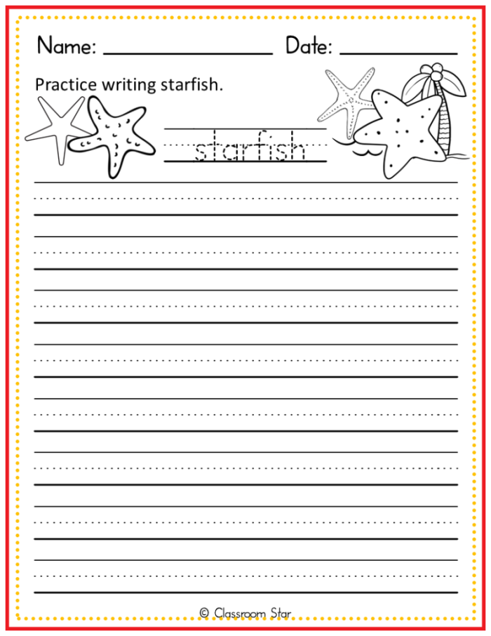 Second grade students identifying text features like captions and diagrams on a starfish worksheet