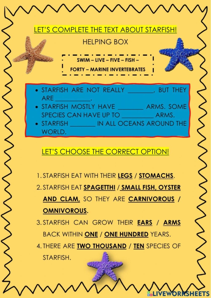 Starfish Text Features worksheet for second graders focusing on nonfiction elements