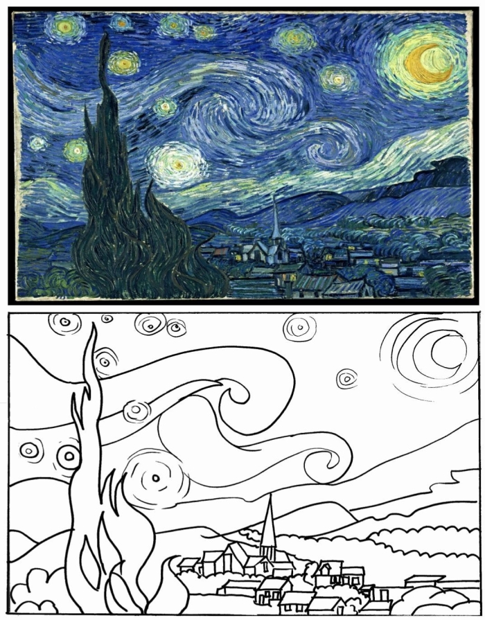 Fifth grade art history worksheet featuring Vincent van Gogh's Starry Night painting to color