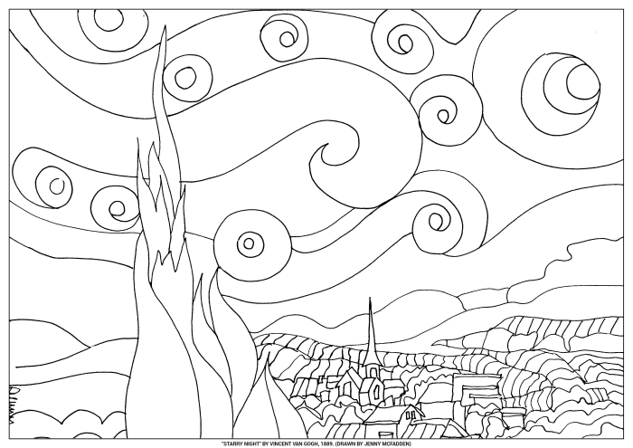 Fifth grade reading worksheet featuring a line art version of The Starry Night by Vincent Van Gogh