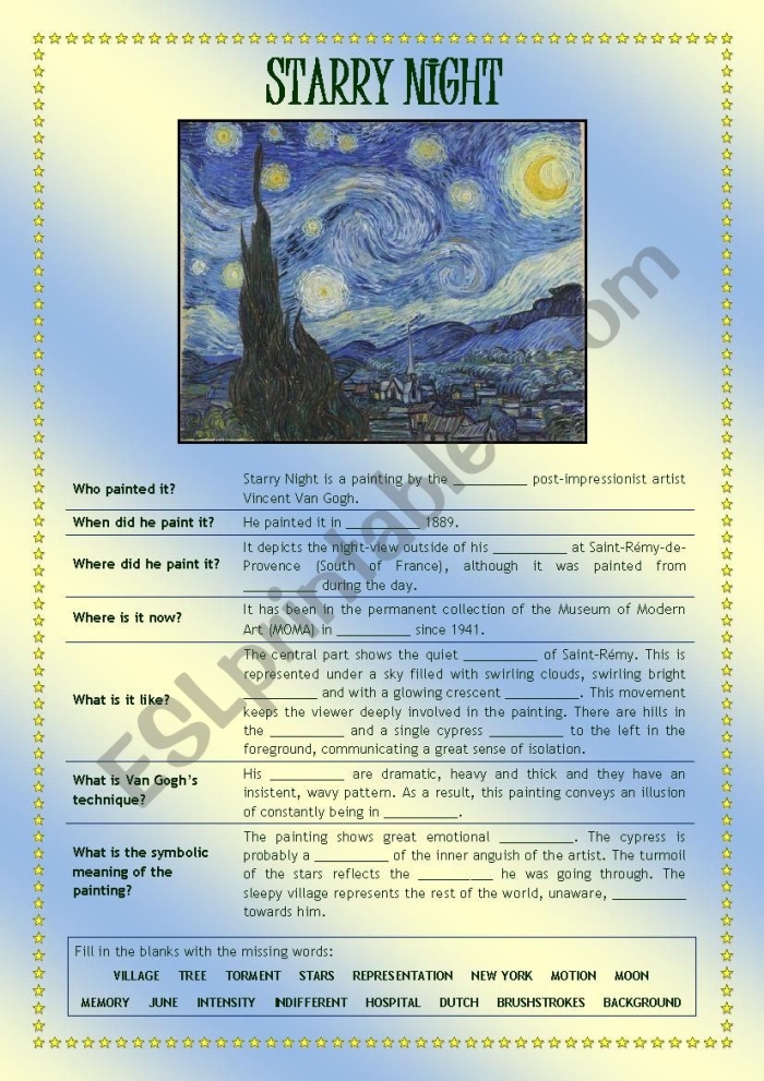 Fifth grade art history worksheet featuring a coloring page of Starry Night by Vincent Van Gogh