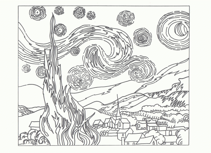 Fifth grade student coloring sheet featuring Vincent van Gogh's Starry Night masterpiece