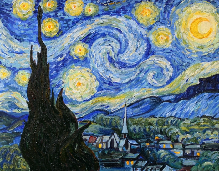 A fifth grade student coloring Van Gogh's famous Starry Night painting with swirling stars and a crescent moon