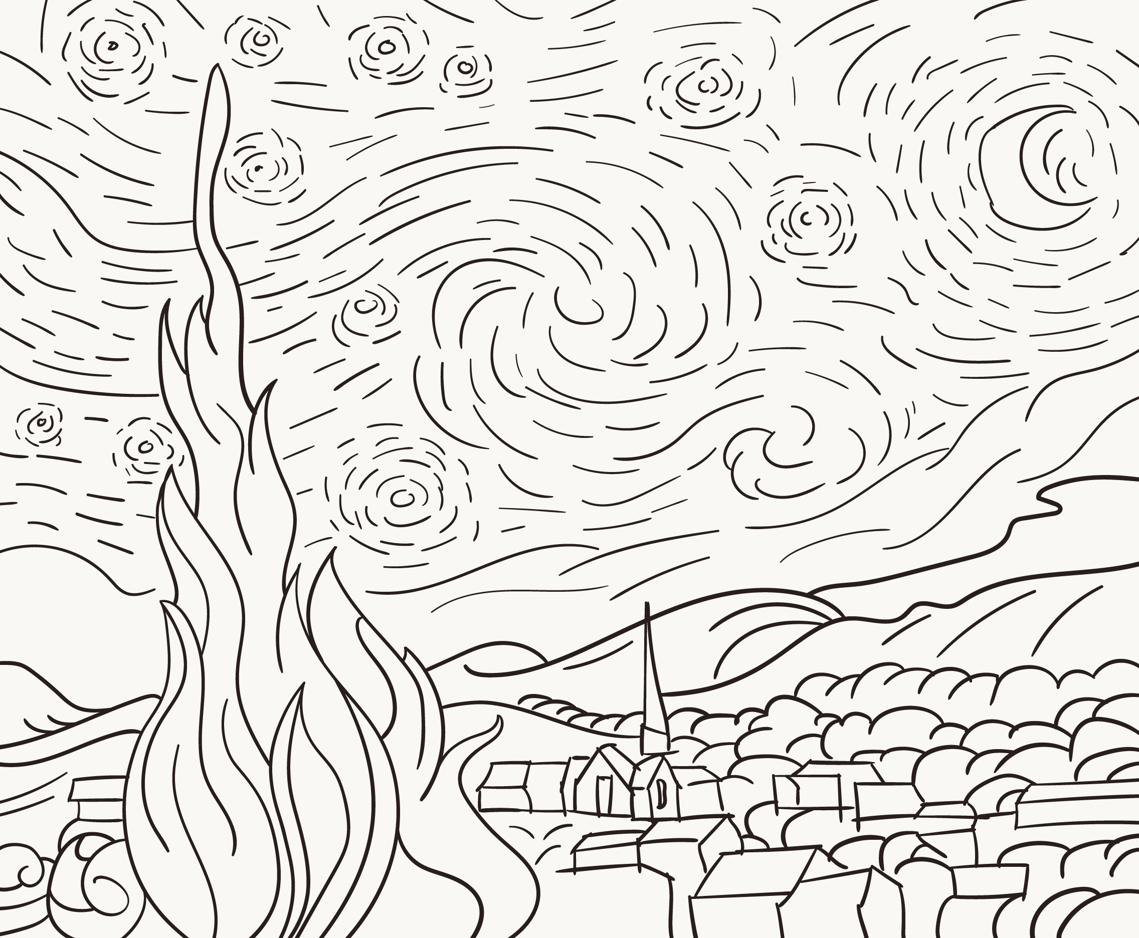 Fifth grade students coloring Van Gogh's Starry Night masterpiece as an art history activity