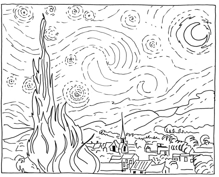 A fifth grade worksheet featuring an outline of Van Gogh's Starry Night for students to color