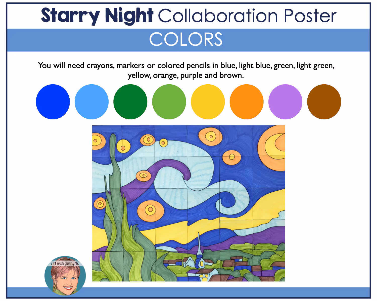 A fifth grade student coloring Vincent Van Gogh's famous Starry Night painting with swirling sky and village below