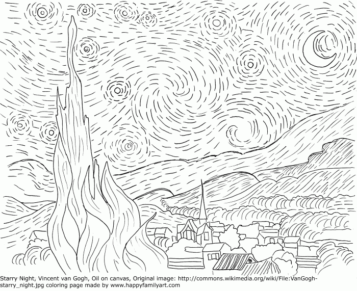 Fifth grade art history worksheet featuring Vincent van Gogh's Starry Night painting for students to color