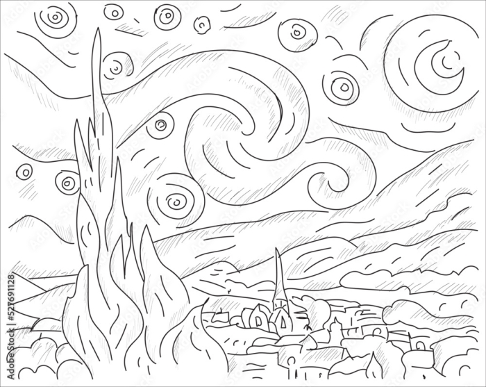 Fifth grade students coloring Vincent Van Gogh's famous Starry Night painting on a worksheet activity page