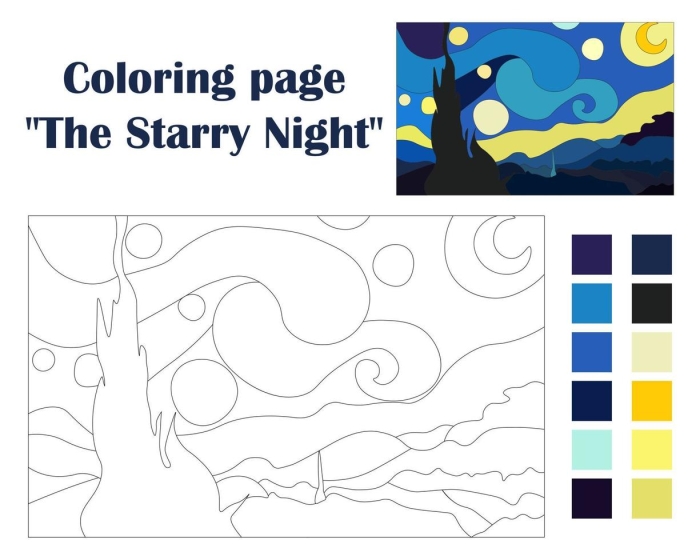 Fifth grade students coloring Van Gogh's Starry Night masterpiece art history worksheet