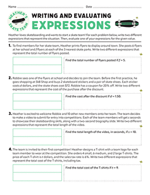 Worksheet featuring engaging word problems for writing and evaluating expressions