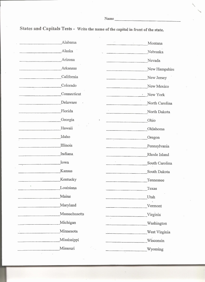 Worksheet for kids to match state capitals with their respective states