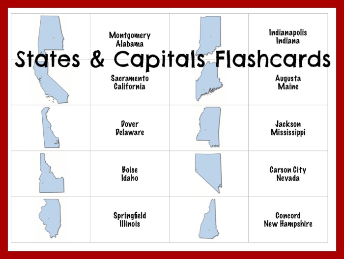 States and Capitals Flash Cards Worksheet for Spanish Learners, Image 10 Mini flash cards displaying the 50 U.S. states and their capitals for fifth graders learning Spanish
