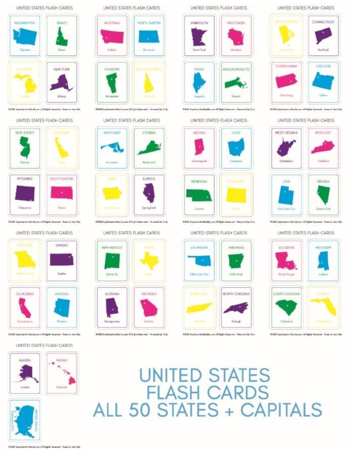 States and Capitals Flash Cards Worksheet for Spanish Learners, Image 21 Mini flash cards featuring U.S. states and capitals for fifth graders learning Spanish
