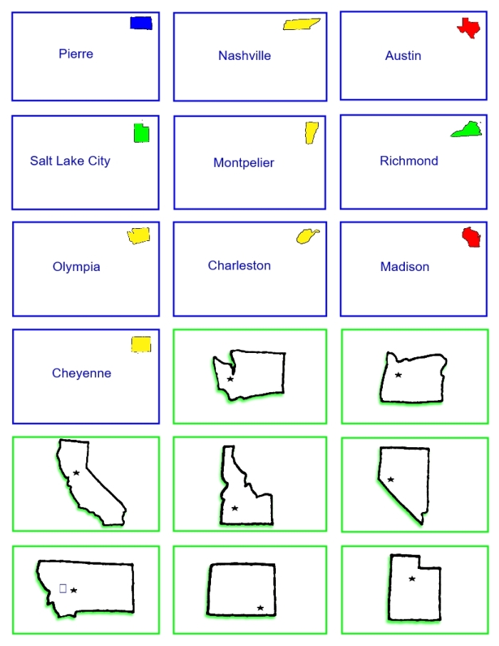 States and Capitals Flash Cards worksheet for educational use in Spanish class Mini flash cards featuring U.S. states and their capitals for fifth graders learning Spanish