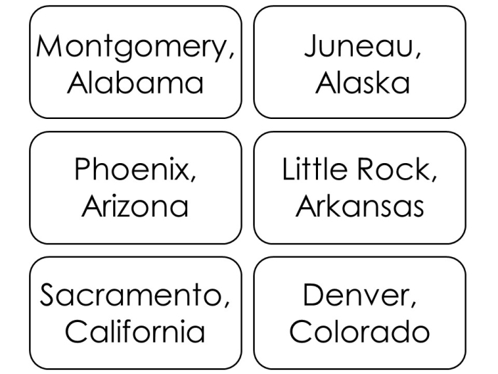 States and Capitals Flash Cards Worksheet for Spanish Learners - Image 17 Mini flash cards featuring U.S. states and their capitals for fifth graders learning Spanish