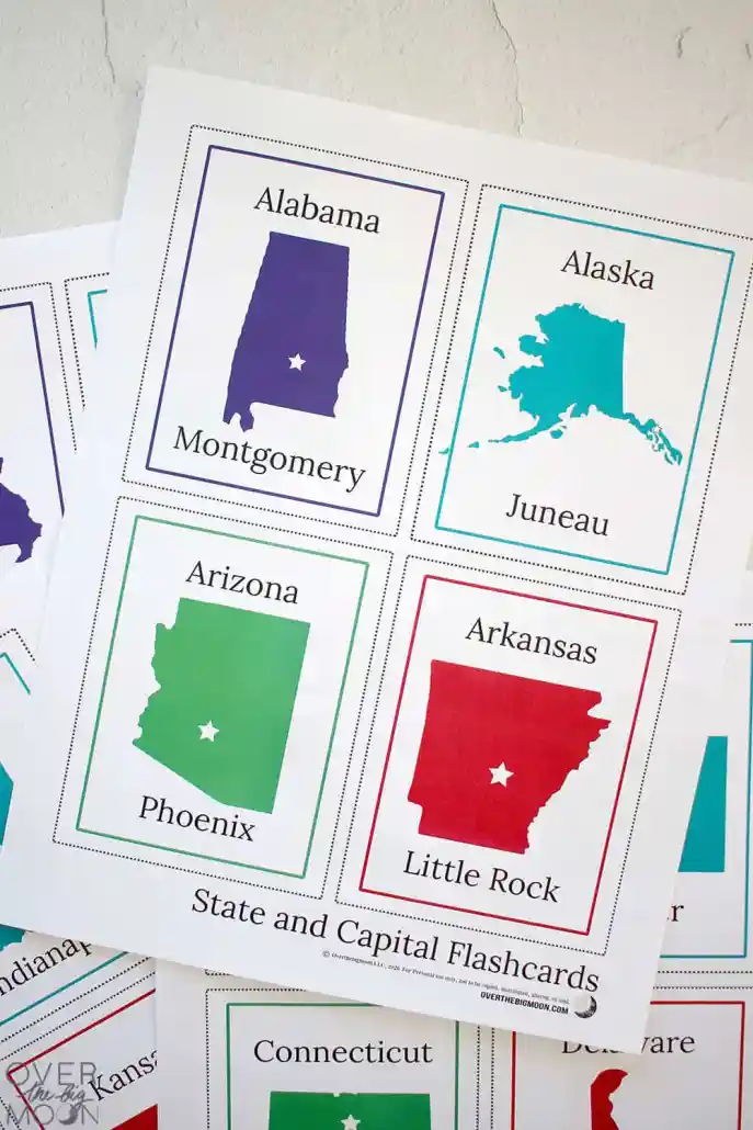 Miniature states and capitals flash cards worksheet for educational use Flash cards featuring U.S. states and capitals designed for fifth-grade Spanish learners