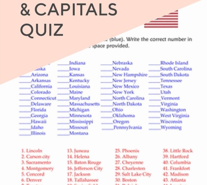 Fifth grade worksheet featuring a matching exercise for the fifty United States and their capital cities