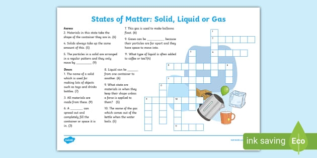 Worksheet for identifying solid, liquid, and gas states of matter for second graders