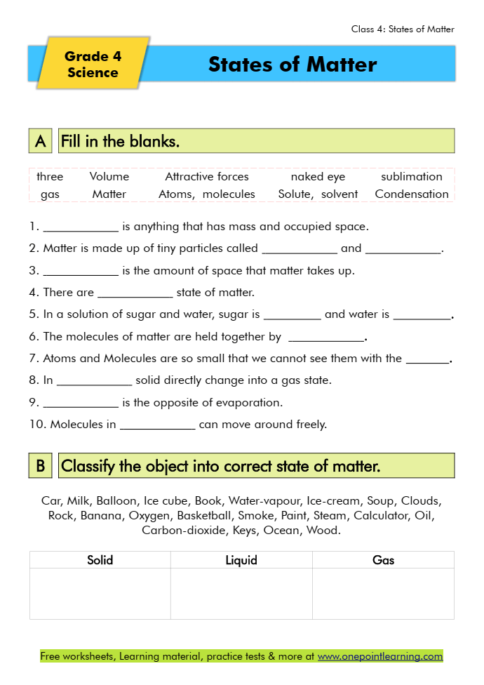 Children's worksheet on states of matter featuring solids, liquids, and gases examples