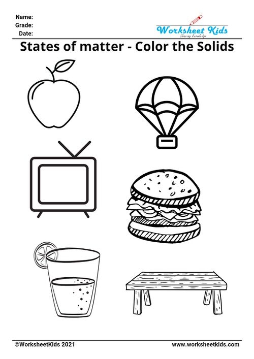 Worksheet for identifying solid, liquid, and gas states of matter for second graders
