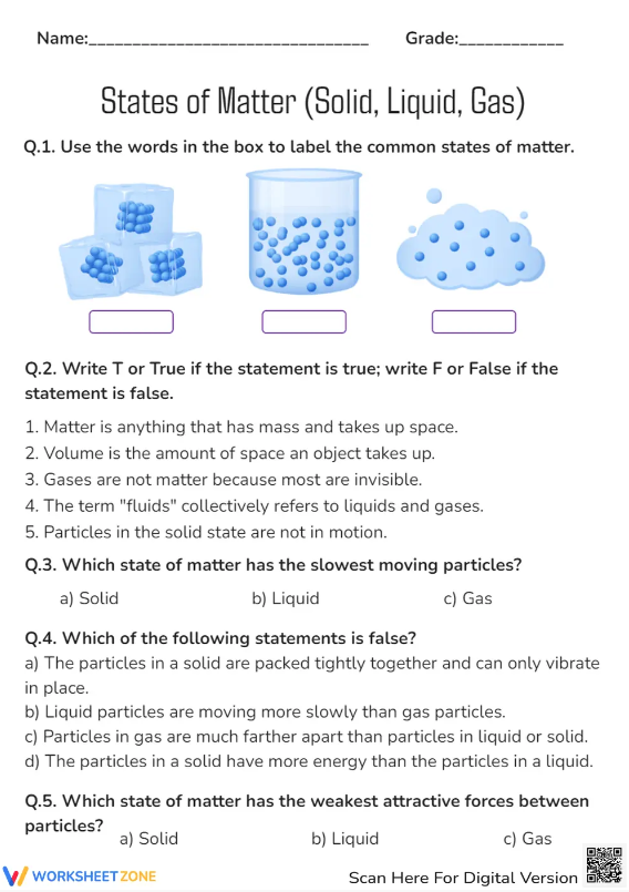Worksheet for second graders to identify states of matter: solid, liquid, and gas.