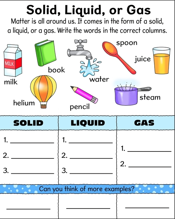 Worksheet for identifying solids, liquids, and gases in a fun science activity.
