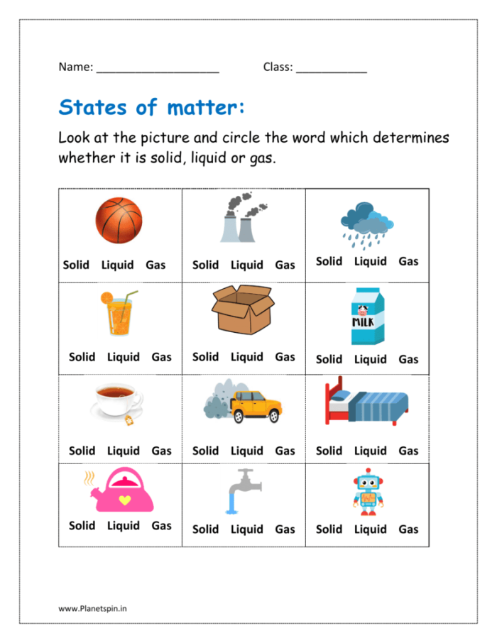 Worksheet for second graders to identify solids, liquids, and gases in science. Challenging activity for understanding states of matter.