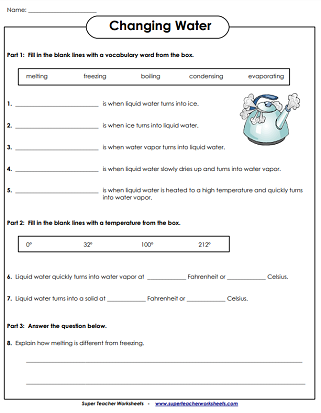 Second grade science worksheet for identifying solid liquid and gas states of matter