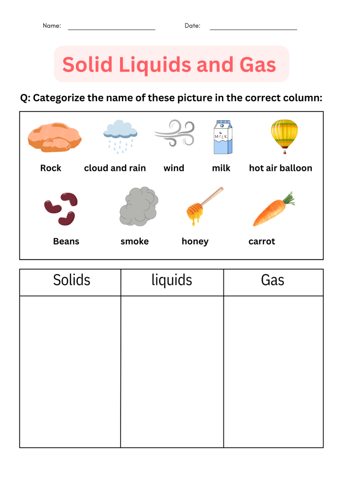 Worksheet for identifying solid, liquid, and gas states of matter for second graders