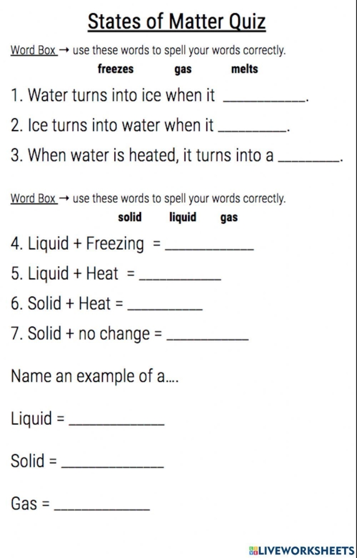 Children's worksheet for identifying solids, liquids, and gases in physical science