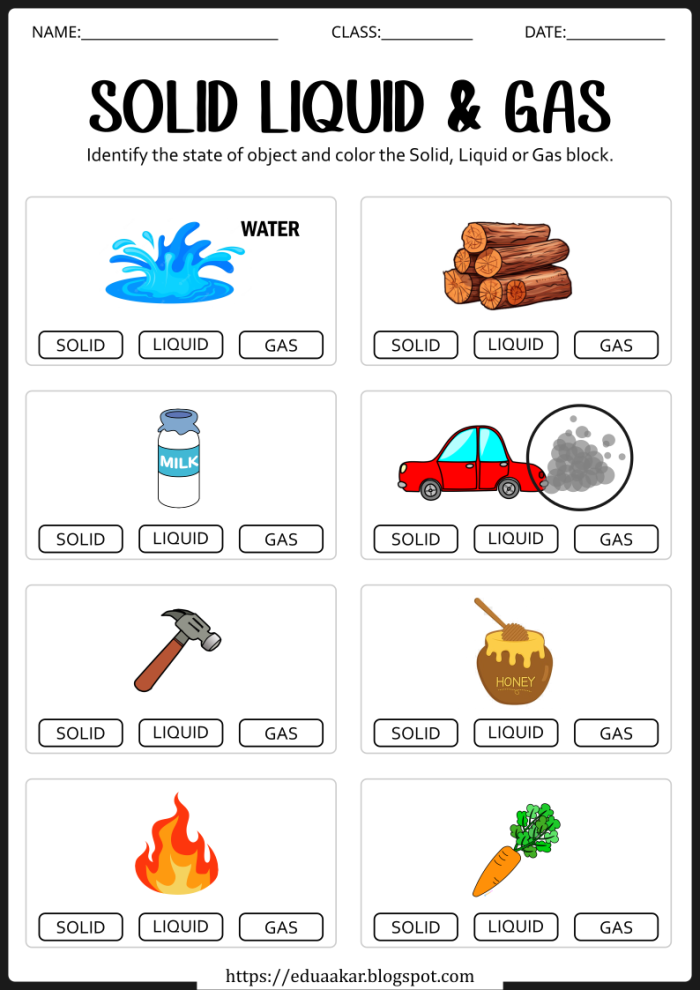 Second grade science worksheet asking students to identify and categorize objects as solid, liquid, or gas