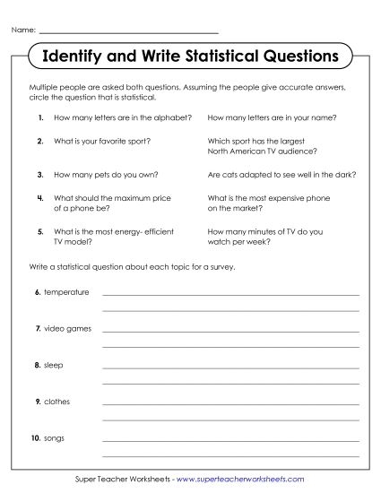 Recognizing Statistical Questions worksheet for grade six students Worksheet for sixth graders on identifying statistical questions
