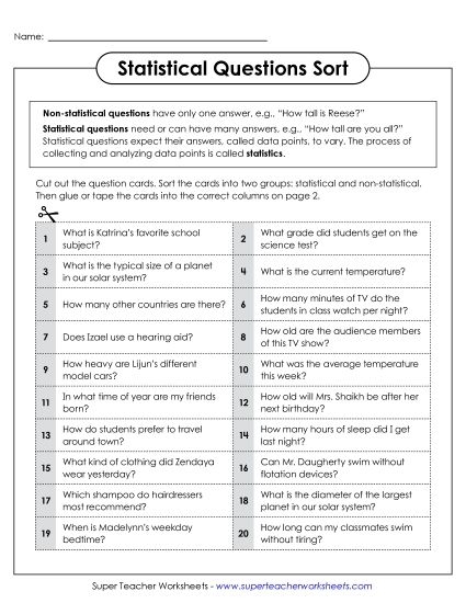 Recognizing Statistical Questions Worksheet for 6th Grade Math Practice 4 Sixth grade worksheet featuring math exercises on identifying statistical versus non-statistical questions